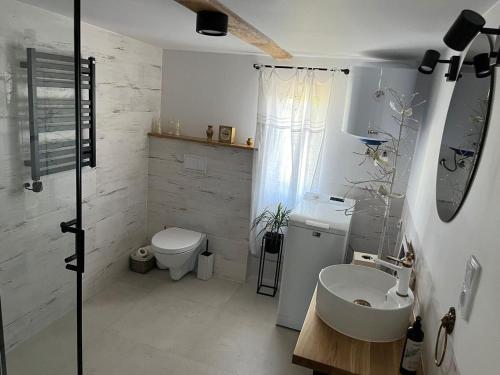biała łazienka z toaletą i umywalką w obiekcie Domek JÓZEFA przy ZAMKU w mieście Janów Podlaski