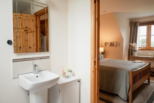 a bathroom with a sink and a bed at Balnagowan Cottage in Nethy Bridge