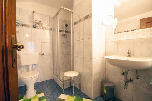 a bathroom with a sink and a toilet and a shower at Almliesl GOLD-706 in Goldegg