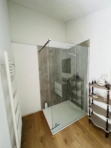 bagno con doccia in vetro e pavimento in legno di l'impasse a Spa