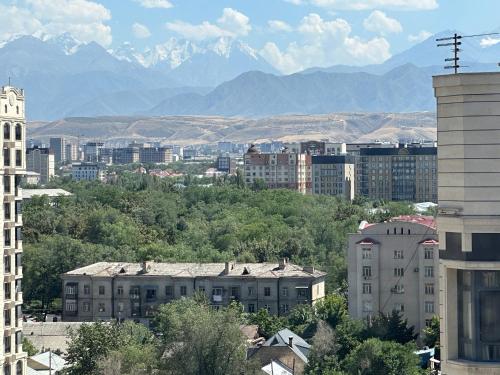 una ciudad con edificios y montañas en el fondo en Stay in the heart of Bishkek en Bishkek