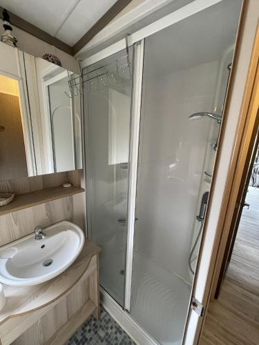 a bathroom with a shower and a sink at Beach Resort Nieuwvliet Bad - NV 102 in Nieuwvliet