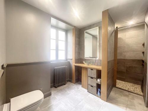 een badkamer met een toilet, een wastafel en een spiegel bij Maison de maître plein centre in Montluçon