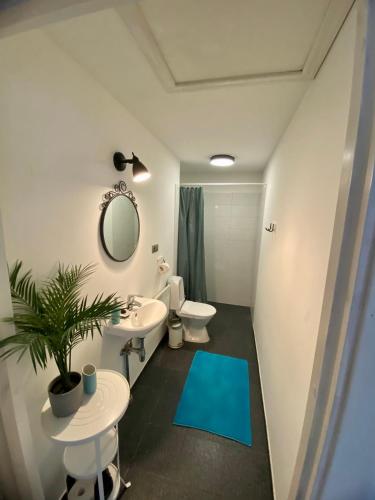 a bathroom with a sink and a mirror and a blue rug at LillasLavender Kurzeme in Ošenieki