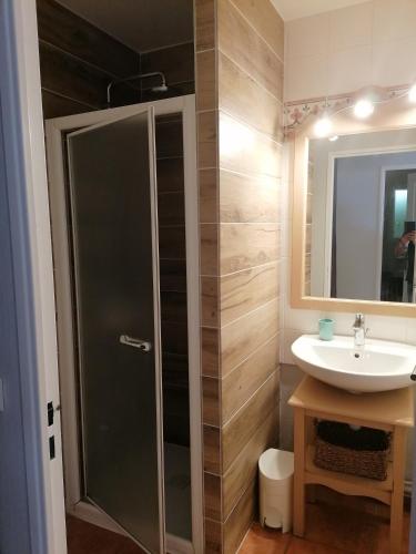 une salle de bain avec douche et lavabo dans l'établissement Très bel appartement T3 avec splendide vue mer, aux Issambres