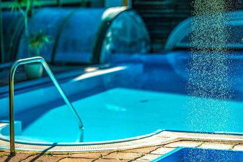 a blue swimming pool with a metal railing in it at Hotel Alpenblick Kreischberg in Sankt Lorenzen ob Murau