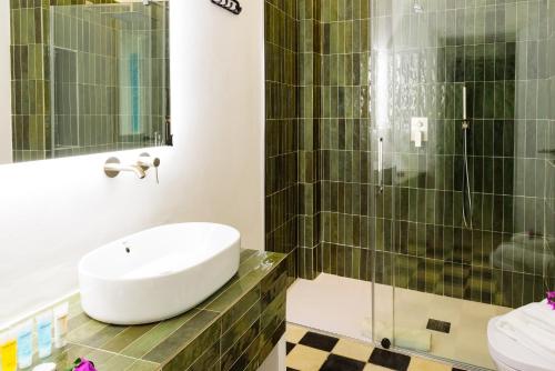 y baño con lavabo y ducha. en Casa de los Venerables en Sevilla