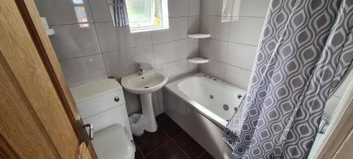 uma casa de banho com um lavatório, um WC e uma cortina de chuveiro. em Thorpe House Suites em Heeley