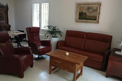 a living room with a couch and a table at Grand appartement, 2 chambres et jardin in Nîmes