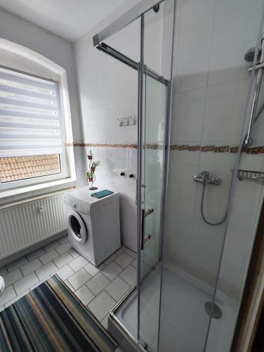 een badkamer met een douchecabine en een toilet bij Ferienwohnung Monteurswohnung Großräschen in Großräschen