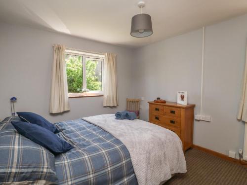 a bedroom with a bed with blue pillows and a window at Finnisterre in Holyhead