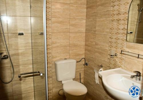 een badkamer met een toilet, een wastafel en een douche bij Хотел ФТР Подкрепа(Вивас) in Primorsko