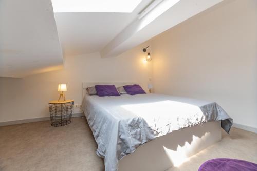 奧伯納的住宿－Duplex Aubenas，卧室配有一张带紫色枕头的大型白色床。