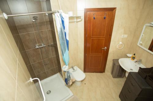 a bathroom with a shower and a toilet and a sink at El Pommier in Fisterra