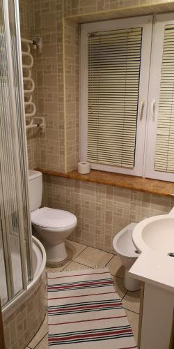 a bathroom with two toilets and a sink and a shower at Agroturystyka Relaks in Orzeszkowo