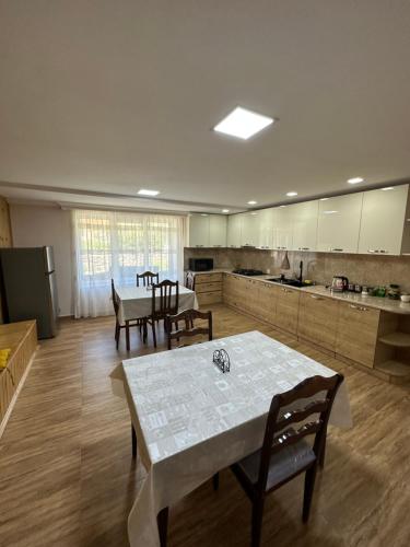 a large kitchen with a table and chairs in it at Polaris Kazbegi in Stepantsminda