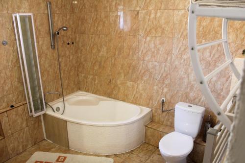 a bathroom with a bath tub and a toilet at Elena Apartaments in Sármellék