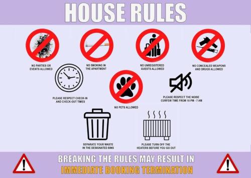a sign that says house rules and prohibited signs at Amazing Getaways - The Place for You with Free Parking in Aberdeen