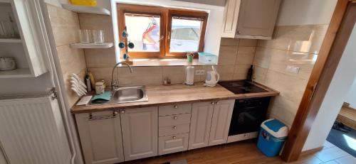 a small kitchen with a sink and a window at Apartmán Nelka pri Muránskej Planine 