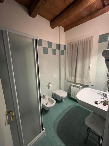 a bathroom with a shower and a sink and a toilet at Agriturismo Ca' Bonelli 1924 in Scardovari