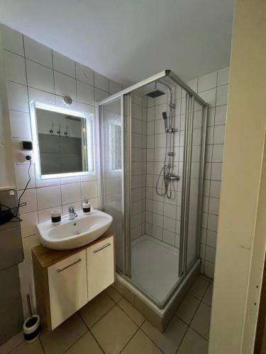 a bathroom with a shower and a sink at Santa Lucia Apartments in Bodensdorf