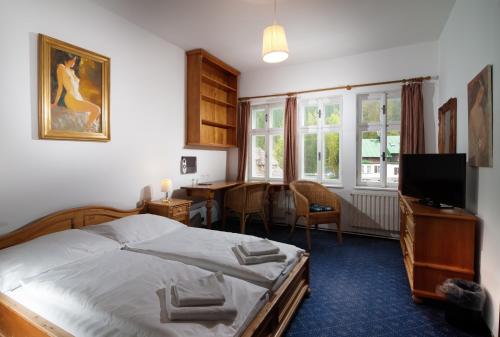 a bedroom with a bed and a desk and a television at Depandance Villa Hubertus in Špindlerův Mlýn