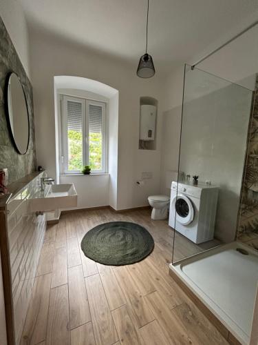 a bathroom with a shower and a sink and a washing machine at Nina & Lola in Rijeka