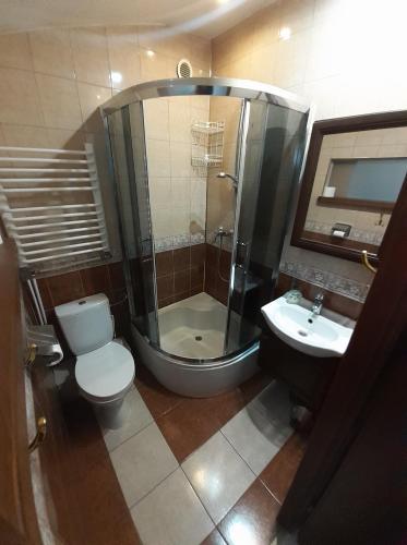 a bathroom with a shower and a toilet and a sink at Agroturystyka Relaks in Orzeszkowo