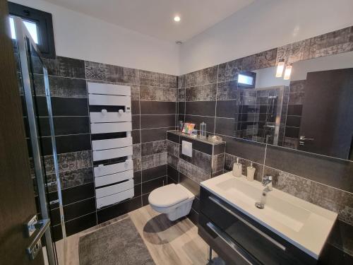 une salle de bain avec toilettes, lavabo et miroir dans l'établissement Cap malouins, à Saint-Peïre-sur-Mer