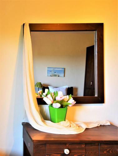 a vase of flowers on a dresser in front of a mirror at Guesthouse Amanitis Caesarea in Skíti