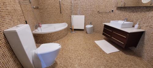 e bagno con servizi igienici, lavandino e vasca. di Mythos luxury apartments a Città di Corfù