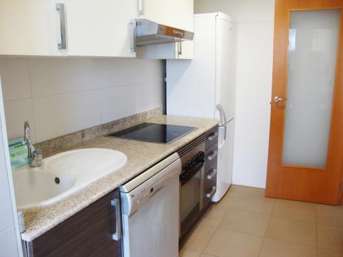 eine kleine Küche mit einer Spüle und einer Arbeitsplatte in der Unterkunft Apartamentos Alcocebre Suites 3000 in Alcossebre