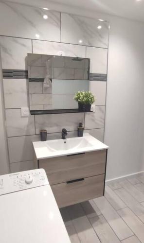 a white bathroom with a sink and a mirror at KEZA's Apartment - Strasbourg in Strasbourg