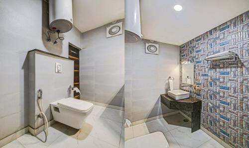 Duas fotografias de uma casa de banho com WC e lavatório. em Hotel New Darbar House em Nova Deli