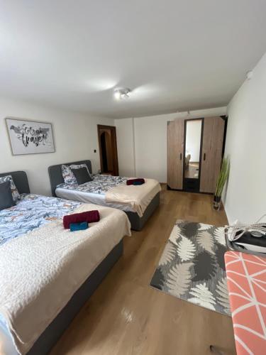sypialnia z 2 łóżkami i dywanem w obiekcie Santa Lucia Apartment Afritz w mieście Gassen