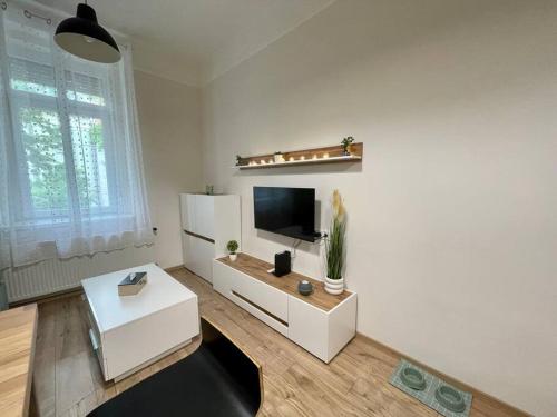 a living room with a tv and a table at DIZURA Apartments Szeged in Szeged