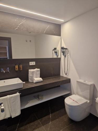 a bathroom with a toilet and a sink and a mirror at Hotel Maroa Vigo in Vigo