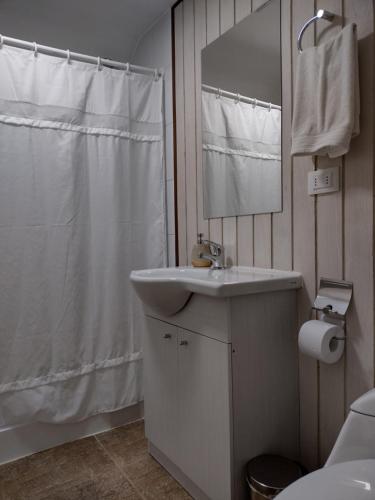 Baño blanco con lavabo y espejo en Casa Río Vivo, en Valdivia