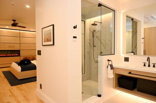 La salle de bains est pourvue d'une douche et d'un lavabo. dans l'établissement Cribs on Main, à Picton
