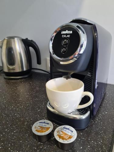 a coffee maker with a cup on a counter at Crystal Twin Apartment in Gulbene