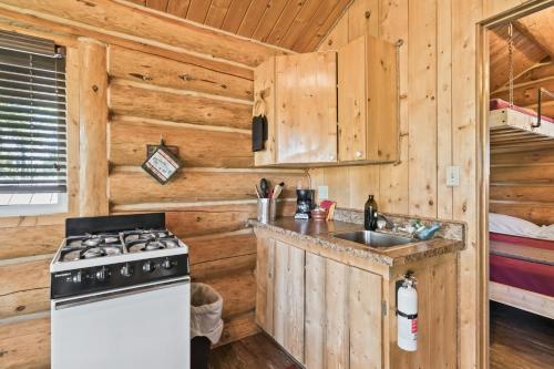 uma cozinha com um fogão e um lavatório numa cabina em Coho Salmon em Soldotna
