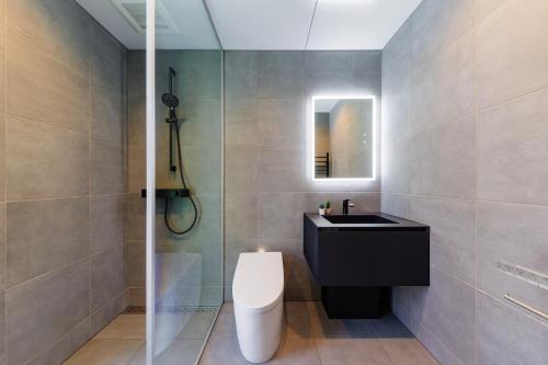 白馬村にあるCredence Chalets by HHGのトイレ、洗面台、鏡を備えたバスルーム