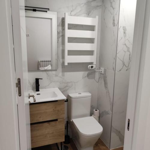 y baño con aseo, lavabo y espejo. en Garcia Noblejas Apartments, en Madrid