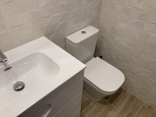 La salle de bains est pourvue de toilettes blanches et d'un lavabo. dans l'établissement Plaza Castilla Apartments, à Madrid