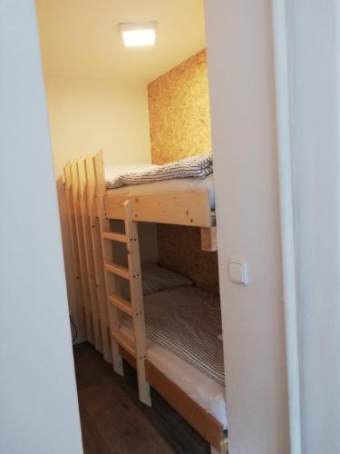 a small room with a bunk bed and a ladder at Chalupa U Potoka in Říčky