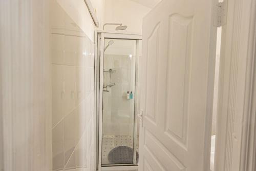 a shower with a glass door in a bathroom at Bonsai Villa in Nairobi