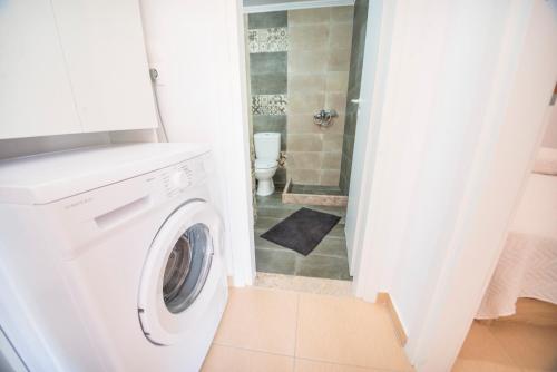 a washing machine in a bathroom with a toilet at Aelia studio in Symi