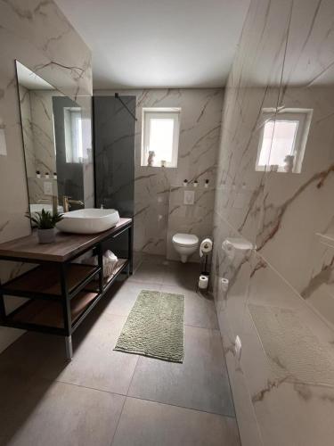 a bathroom with a sink and a toilet and a mirror at Apartmani Ora in Komarna