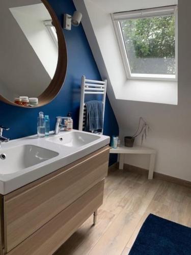 une salle de bain avec un lavabo et un miroir dans l'établissement Charmante Maison avec jardin proche Rennes, à Saint-Grégoire