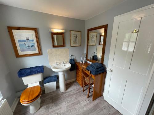 a bathroom with a sink and a toilet and a sink at Ivy Cottage, in Lostwithiel